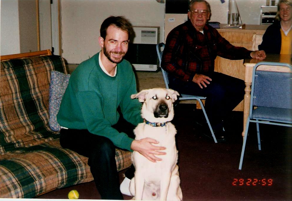 Bob and Kenai on Moose Mountain.  Grandpa Bolton in the background.